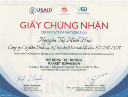 Certificate of participation Market Expansion to KLINOVA staff 